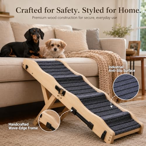 2026 Upgraded Dog Ramp for Couch & Low Bed, 33" L Folding Wood Pet Ramp 200LB Capacity, 4-Level Adjustable Height 11"-20", Non-Slip Sturdy Puppy Ramp for Small & Senior Dogs, Joint Relief, Wavy Design - color: 33"l Small