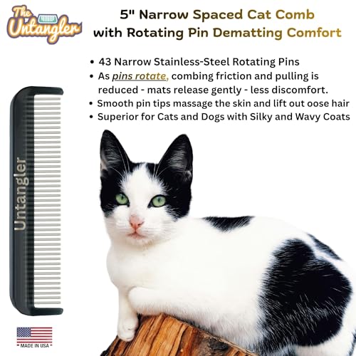 Cat Comb with Silky Smooth Rotating Teeth - Clears Mats Gently and Easily (5" Ultra Fine Teeth; 7" Dual Teeth) (Black, 5") - color: Black, size: 5"
