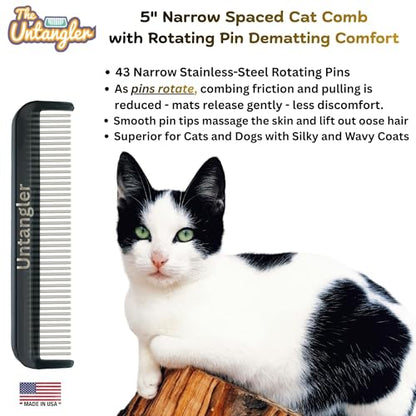 Cat Comb with Silky Smooth Rotating Teeth - Clears Mats Gently and Easily (5" Ultra Fine Teeth; 7" Dual Teeth) (Black, 5") - color: Black, size: 5"