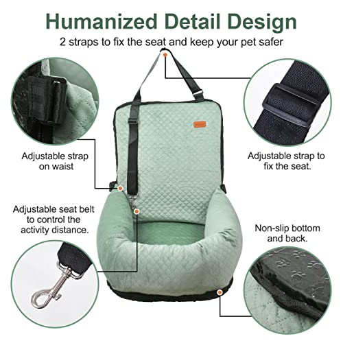 Dog Car Seat for Small Medium Dogs Pet Up to 40 lbs Green | Detachable Washable, Soft Pet Booster Travel Bed for Front & Seat with Safety Leash Belt - color: Green