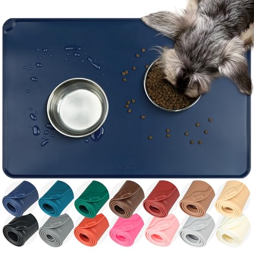 VIVAGLORY Pet Food Mat Flexmat Dog Bowl Mat, L, Navy Blue | Non Slip Silicone for Pet Kitten & Doggy, Placemat with Lip for Floor - color: Navy Blue, size: L (24.0 x 15.7in)