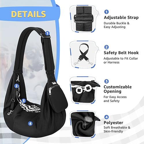 SlowTon Dog Carrier Sling - Thick Padded Shoulder Strap Adjustable Dog Carriers for Small Dogs, Puppy Carrier Purse for Pet Cat with Front Zipper Pocket Safety Belt Machine Washable (Dark Black, M) - color: E-Ink Knitted Fabric
