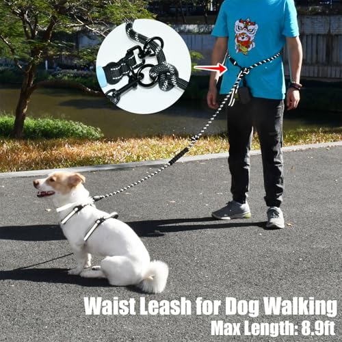 Two Point Control & Hands Free Dog Leash, Waist & Crossbody Leash with Car Seat Belt Clip, Heavy Duty Reflective & Tangle-Free, No Pull Harnesses Compatible for Large Medium Dogs, Black
