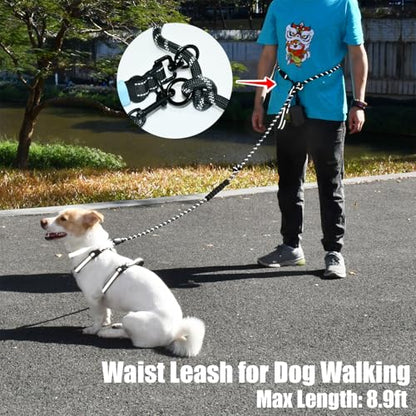 Two Point Control & Hands Free Dog Leash, Waist & Crossbody Leash with Car Seat Belt Clip, Heavy Duty Reflective & Tangle-Free, No Pull Harnesses Compatible for Large Medium Dogs, Black