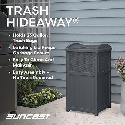 Suncast 33 Gallon Wicker-Style Hideaway Trash Can with Secure Latching Lid and Weather-Resistant Construction for Patio, Cyberspace Grey, Made in the USA - color: Cyberspace Grey