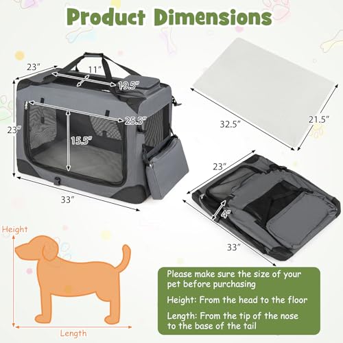 Giantex Folding Soft Dog Crate, 33 Inch Foldable Portable Dog Kennel for Large Dogs up to 50 lbs, Collapsible Soft-Sided Pet Travel Crate with 5-Sided Mesh, 3 Doors, Washable Mat & Storage Pockets - size: 33.0"L x 23.0"W x 23.0"H