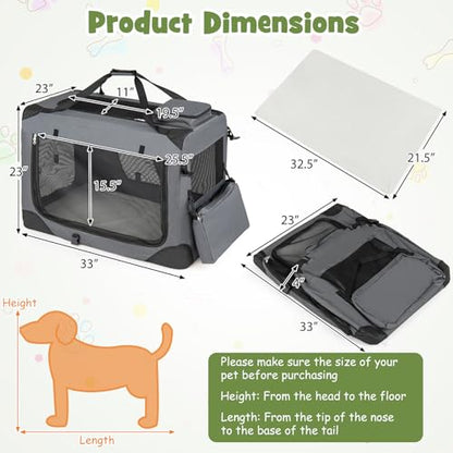 Giantex Folding Soft Dog Crate, 33 Inch Foldable Portable Dog Kennel for Large Dogs up to 50 lbs, Collapsible Soft-Sided Pet Travel Crate with 5-Sided Mesh, 3 Doors, Washable Mat & Storage Pockets - size: 33.0"L x 23.0"W x 23.0"H