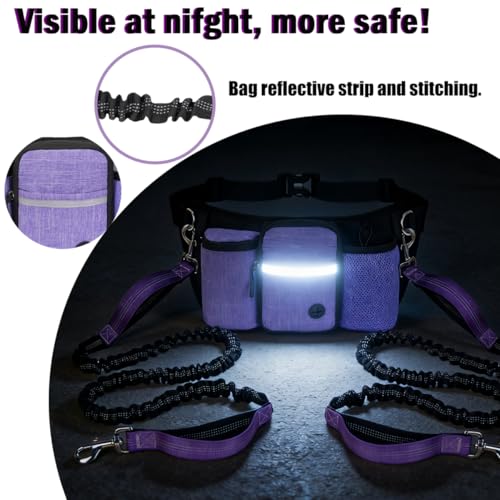 Hands Free Dog Leash for 2 Dogs, Adjustable Waist Belt, Reflective Stitching Leash with Double Padded Handles for Running, Hiking - color: Purple - 2 leash