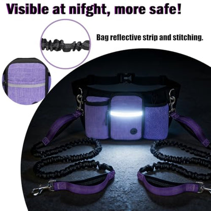 Hands Free Dog Leash for 2 Dogs, Adjustable Waist Belt, Reflective Stitching Leash with Double Padded Handles for Running, Hiking - color: Purple - 2 leash