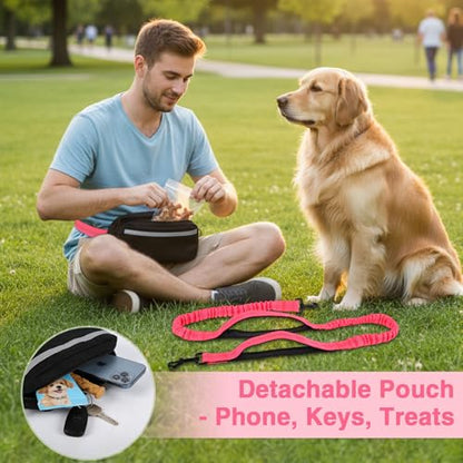 Hands Free Dog Leash with Zipper Pouch, Dual Padded Handles, Shock Absorbing Bungee Leash for Small Medium Large Dogs, Ideal for Walking Jogging Running Hiking (Pink) - color: Pink