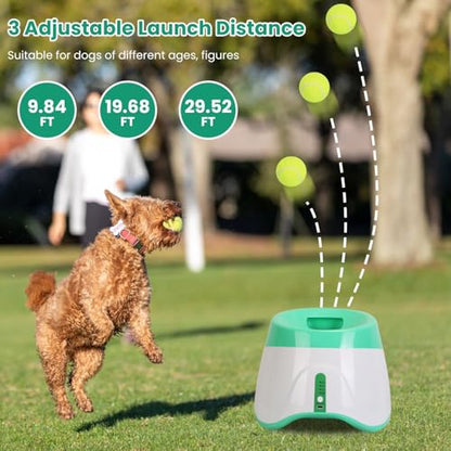 Automatic Dog Ball Launcher, Dog Ball Thrower with 9.84-29.52ft 3 Launching Distance, Rechargeable Dog Toy Mental Stimulation Training Game with 1.96" Tennis Balls for Energetic Small Medium Dogs - size: 9.84-29.52ft
