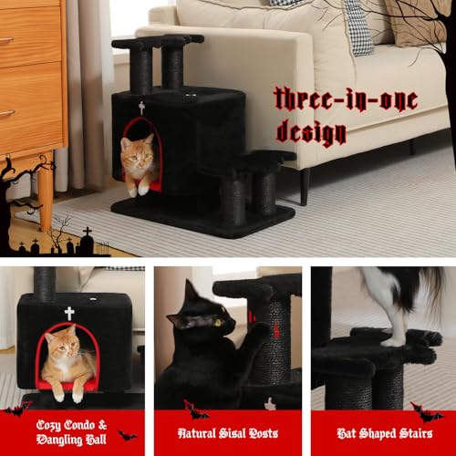 Gothic 3-in-1 Dog Stairs & Cat Scratching Post with Condo - Pet Steps for High Beds, Sofa & Couch, 3-Tier Cat Tower with Sisal Scratching Pad for Small Dogs, Cats & Kittens, Black - color: Black