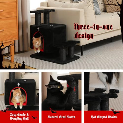 Gothic 3-in-1 Dog Stairs & Cat Scratching Post with Condo - Pet Steps for High Beds, Sofa & Couch, 3-Tier Cat Tower with Sisal Scratching Pad for Small Dogs, Cats & Kittens, Black - color: Black
