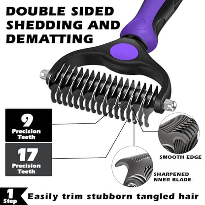 Professional 3PCS Self Cleaning Slicker Brush & Pet Grooming Rake & Flea Comb for Dogs,Cats and Horses | Double-Sided Dematting Comb & Skin Friendly Deshedding Grooming Tool | Pet Supplies - color: Purple