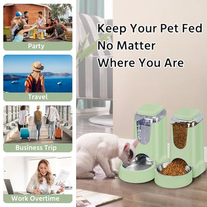 2 Pack Automatic Cat Feeder and Stainless Steel Water Dispenser, Gravity Dog Waterer Set Food Feeder and Waterer Set for Small Medium Kitten Puppy Pets(1 Gallon x 2, Green) - color: 1 Gallon x 2 - Green
