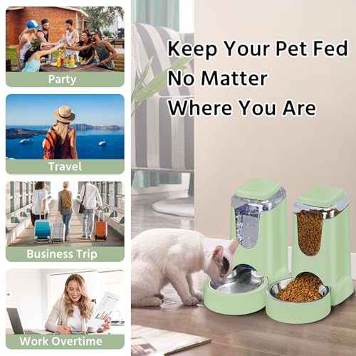 2 Pack Automatic Cat Feeder and Stainless Steel Water Dispenser, Gravity Dog Waterer Set Food Feeder and Waterer Set for Small Medium Kitten Puppy Pets(1 Gallon x 2, Green) - color: 1 Gallon x 2 - Green