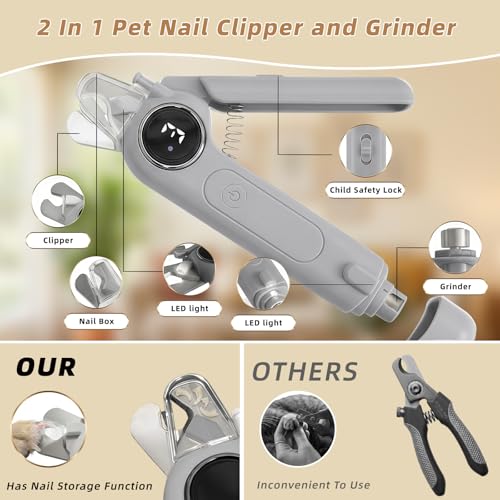 2-in-1 Cat Nail Clippers & Dog Nail Clippers with Light, Rechargeable Pet Nail Trimmer for Dogs & Cats, Quiet Electric Nail File with Safety Guard, Nail Catcher & 3 Speeds for Small Medium Large Pets - color: gray