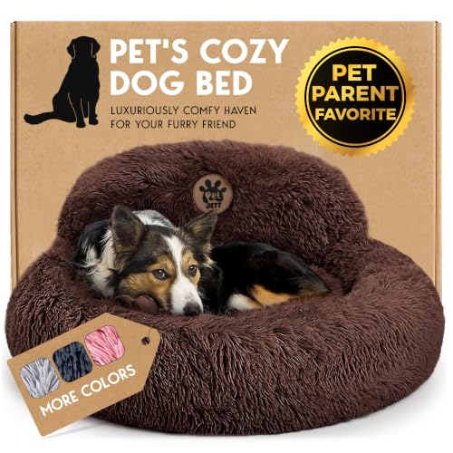 PetJett Calming Dog Bed Medium Size Dog - 30'' Donut Bed, Anti-Slip & Washable Super Soft Fluffy Plush Round Bed, Anti-Anxiety Premium Comfort Pet Bed, Fits Dogs up to 45 lbs - Brown - color: Brown, size: Medium - 30”L x 30”W x 8”Th