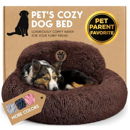PetJett Calming Dog Bed Medium Size Dog - 30'' Donut Bed, Anti-Slip & Washable Super Soft Fluffy Plush Round Bed, Anti-Anxiety Premium Comfort Pet Bed, Fits Dogs up to 45 lbs - Brown - color: Brown, size: Medium - 30”L x 30”W x 8”Th
