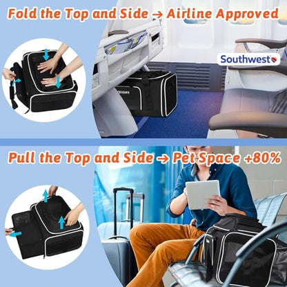 Petskd Top and Side Expandable Pet Carrier 18x13x9.5 Inches Southwest Airline Approved, Soft-Sided Carrier for Small Cats and Dogs with Locking Safety Zippers and Anti-Scratch Mesh(Black) - color: Black, size: 18.0"L x 13.0"W x 9.5"H