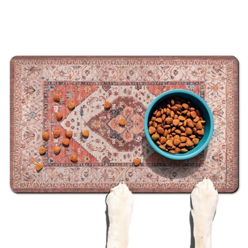 Absorbent Pet Dog Bowl Mat for Food and Water, Pet Cat Food Feeding Mat with Non Slip Rubber Backing, Dog Food Mats for Floors Waterproof, 24"x32" - color: Boho Ethnic Orange, size: 32"L x 24"W