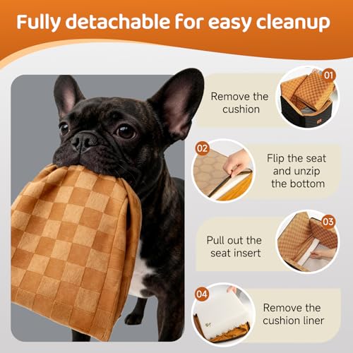 Dog Car Seats for Small Medium Dogs Up to 35lbs | Elevated Dog Booster Seat with Detachable Washable Cover & Cushion | Memory Foam Pet Car Travel Seat with Safety Belt and Storage Pockets - color: Brown