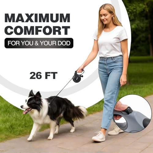 PINA Upgraded Retractable Dog Leash, 26 ft Dog Leash for Small Medium Large Dogs Up to 110lbs, Heavy Duty Reflective Nylon Tape 360° Tangle-Free, with Anti-Slip Handle, One-Handed Brake, Pause, Lock - color: Black