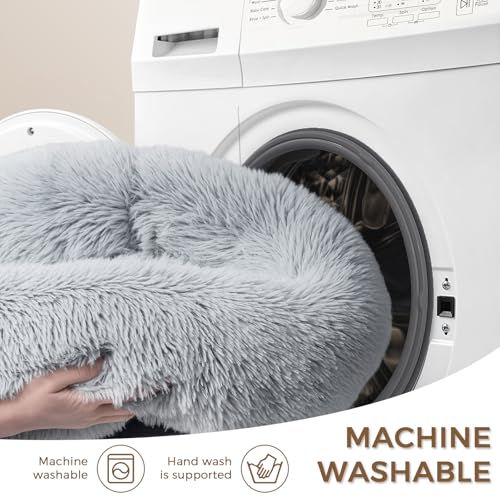 Calming Round Dog Bed & Cat Bed with Anti-Slip Bottom, Medium Size Washable Anti-Anxiety Donut Dog Beds for Medium & Large Dogs, Fluffy Plush Soft Dog Bed(30 Inch, Light Grey) - color: Light Grey, size: 30"l x 30"w x 8"th
