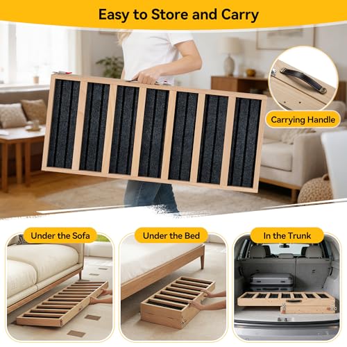 Dog Ramp for Bed, Couch, Car-55 L Gentle Slope Folding Pet Ramp with Non-Slip Surface and Metal Reinforced-High Traction,4 Adjustable Heights 18"-25", Supports 176lbs for Small Medium Large Dogs - size: 55"L