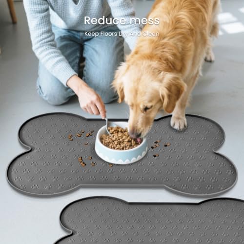 PWTAA Dog Food Mat Anti-Slip Silicone Dog Bowl Mat Thicker Pet Placemat Waterproof Cat Feeder Pad with Raised Edge Puppy Kitten Feeding Mats Suitable Small Medium-Sized Dogs Cats Eating Tray - 2PCS - color: Grey, size: 25.6" x 13"-2PCS
