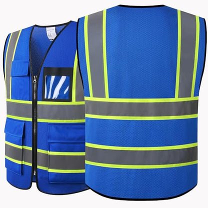 Reflective Safety Vest for Men Women Hi Vis Vest with 8 Pockets High Visibility Mesh Reflective Vest Meets ANSI/ISEA Standards (Blue-07, Large) - color: Blue, size: Large