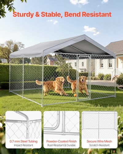 VEVOR Outdoor Dog Kennel, 9.84 x 9.84 x 7.05 ft Large Dog Kennel with Secure Lock, Outside Dogs Enclosures with UV-Resistant & Waterproof Roof Cover, Heavy Duty Pet Crate Cage Run for Large Dogs - size: 118.1"L x 118.1"W x 84.6"H