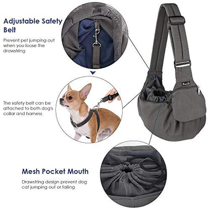 Lukovee Dog Sling Carrier, Hard Bottom Support & Adjustable Soft Padded Shoudler Strap Dog Slings for Small Dogs, Dog Purse with Drawstring Mesh Opening & Zipper Pockets for Puppy Cat Pet (Grey) - color: Grey