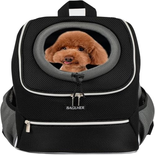 BAGLHER Dog Carrier Backpack for Small Dogs - Front Breathable Pet Backpack with Safety Buckle, Adjustable Hands-Free Design for Hiking, Cycling, Camping & Outdoor Use - Black, Size M (5-9 lbs) - size: 14.6"L x 8.7"W x 15.4"H