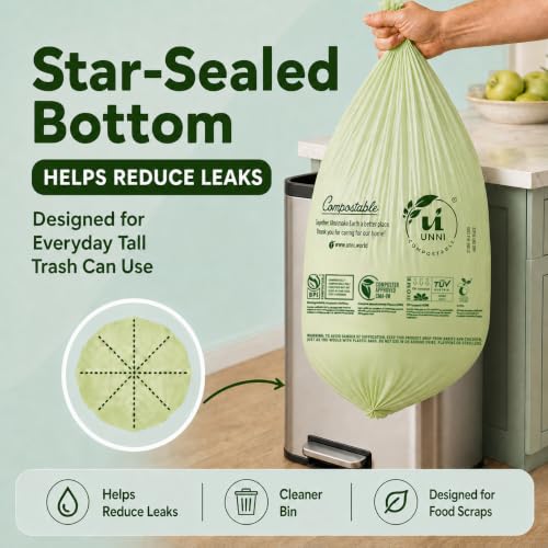 UNNI Compostable Trash Bags, 13 Gallon / 49.2 Liter, 200 Count Value Pack, Extra Thick 0.9 Mil Tall Kitchen Food Scrap Bin Liners, Certified by BPI, CMA & OK compost HOME, Meets ASTM D6400 Standard - size: 200 Count (Pack of 1), style: 13 Gallon