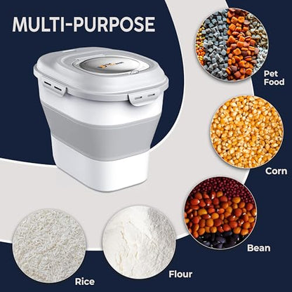 Dog Food Storage Container 30-35 lb, Airtight Collapsible Cute Dog Food Container with Wheels & Scoop, Stackable Pet Food Storage Container for Dog & Cat Food - color: Grey & White