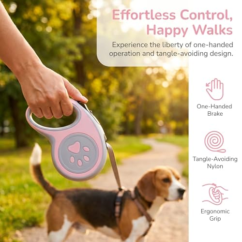 Retractable Dog Leash for Small Medium Dogs One-Click Brake & Lock Anti-Slip Ergonomic Handle 360° Tangle-Free Zinc Alloy Hook Durable ABS Casing-9.84feet Pink - color: Pink, size: 1