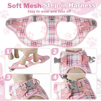 Gyuzh Dog Harness and Leash Set for Puppies - 3 Piece Step in No Pull Vest & Collar, Extra Small Kitten Harness, Breathable Reflective Plaid, Padded Leash (Pink, S) - color: Pink, size: S