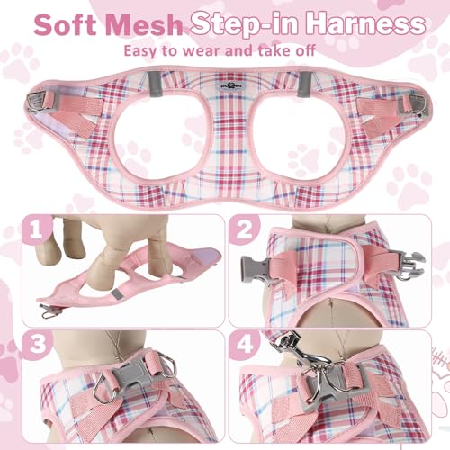 Gyuzh No Pull Dog Harness - 3-in-1 Step in Harness Collar Leash Set for Small Dog Walking & Training, Easy Walk Style, Lightweight Plaid Vest (Pink, M) - color: Pink, size: M
