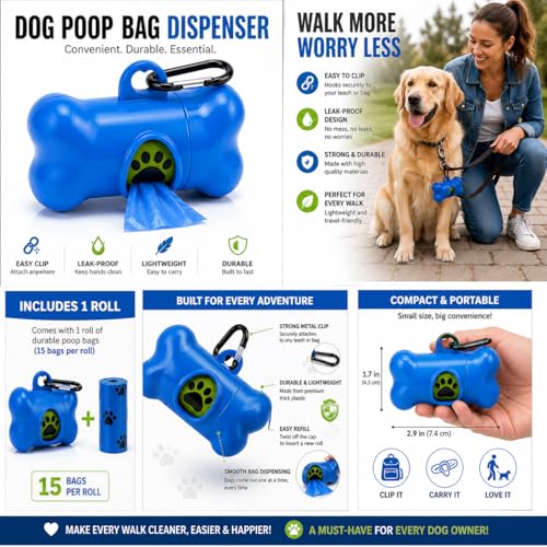 Dog Poop Bag Dispenser with Leash Clip, Portable & Leak-Proof Waste Bag Holder for Dogs, Durable Lightweight Design, Easy Pull Opening, Includes 1 Roll, Ideal for Walking & Travel.