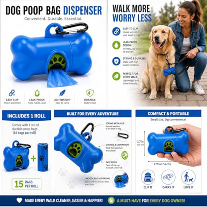 Dog Poop Bag Dispenser with Leash Clip, Portable & Leak-Proof Waste Bag Holder for Dogs, Durable Lightweight Design, Easy Pull Opening, Includes 1 Roll, Ideal for Walking & Travel.