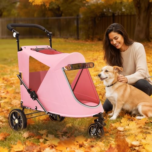 Magshion Pet Stroller for Medium Dogs w/Adjustable Handle, 3-Wheel Dog Cat Wagon w/Dual Entry, Rear Storage, Breathable Mesh, One-Foot Brake, Ideal for Large Pets up to 55 lbs, Pink - color: Pink, style: Up to 55 lbs