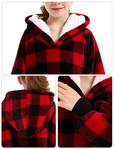 KFUBUO Wearable Blanket Hoodie for Kids Sherpa Patterns Oversized Sweatshirt Blanket With Pocket 6-10 Year Old Girl Boy Red Plaid - color: Red Plaid, size: Kids 6-10YR
