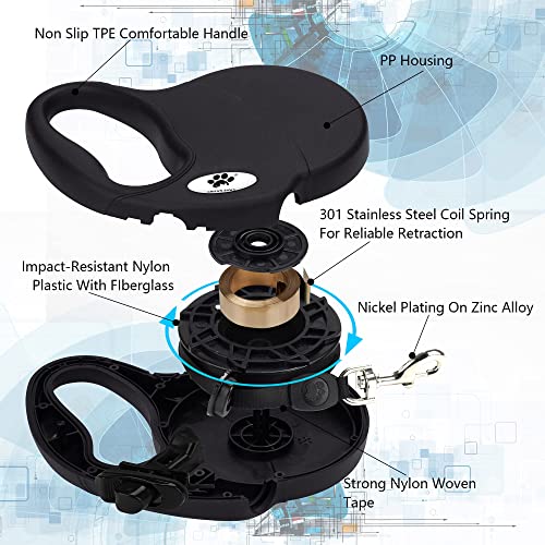 16ft Retractable Dog Leash for Large Breed Dogs up to 110 lbs with a Detachable Chew Proof Extender Wire Ropes (Black L) - color: Black, size: Large