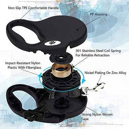 16ft Retractable Dog Leash for Large Breed Dogs up to 110 lbs with a Detachable Chew Proof Extender Wire Ropes (Black L) - color: Black, size: Large