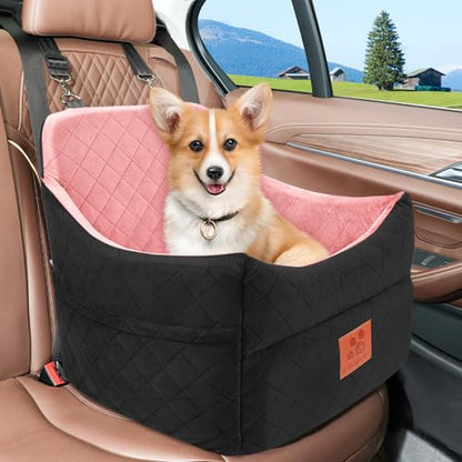 GL GLENSLAVE Dog Car Seat for Small/Medium Dogs, Dog Booster Car Seats with Thick Cushion for Dogs Under 35 lbs, Detachable Washable Pet Carseat with Storage Pockets, 2 Safety Belts(Black/Pink) - color: Black/Pink