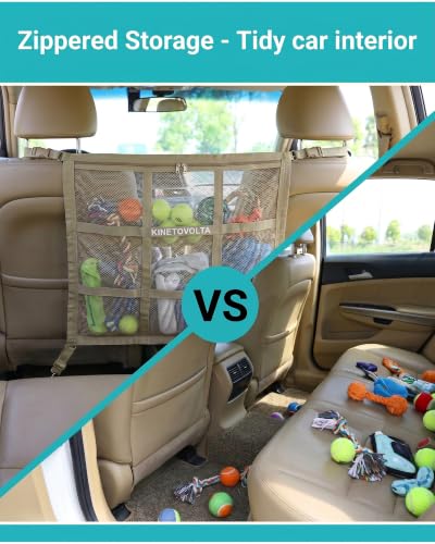 Dog Car Net Barrier 9-Grid Reinforced Easy Install | Beige, includes dog seat belt for car. Double mesh, storage pocket. Breathable, fits SUVs sedans trucks. Keeps dogs safe.