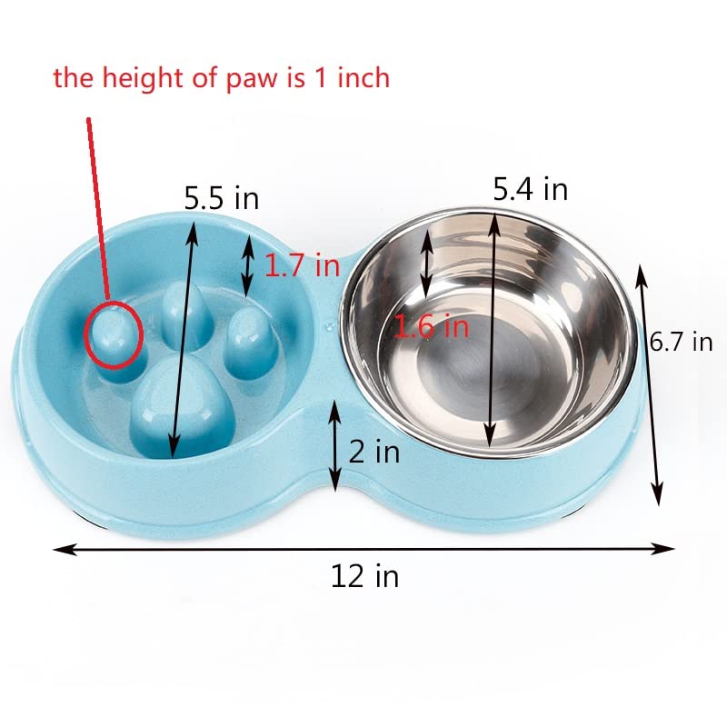 Slow Feeder Dog cat Double Bowl Stainless Steel and Anti-Choking Blue - color: blue