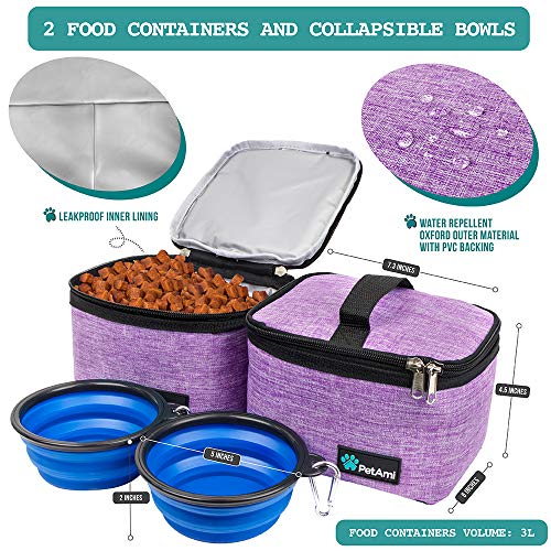 PetAmi Dog Travel Bag Organizer, Pet Travel Kit with 2 Food Containers & 2 Collapsible Dog Bowls, Pet Supplies Tote with Luggage Sleeve, Weekend Road Trip Camping Essentials, Purple, Medium - color: Purple, size: Medium - 14.5"L x 8"W x 12.0"H