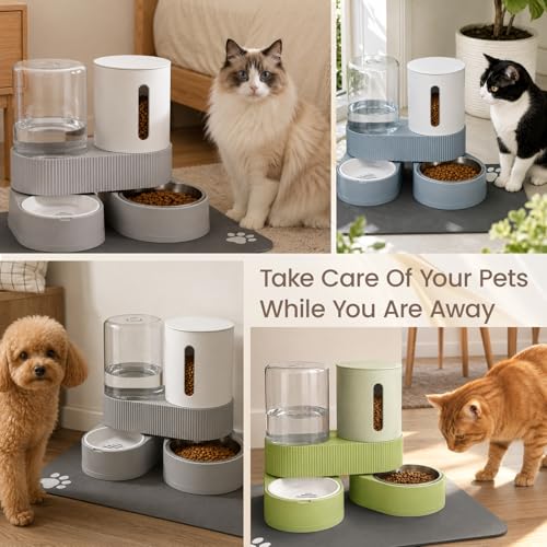 Gravity Cat Feeder 2 Pack Automatic Food Feeder and Water Dispenser Set Detachable Pet Bowl with Silicone Mat and Brush for Cats Small Medium Dogs, Large Capacity(Grey) - color: Grey-With mat/brush